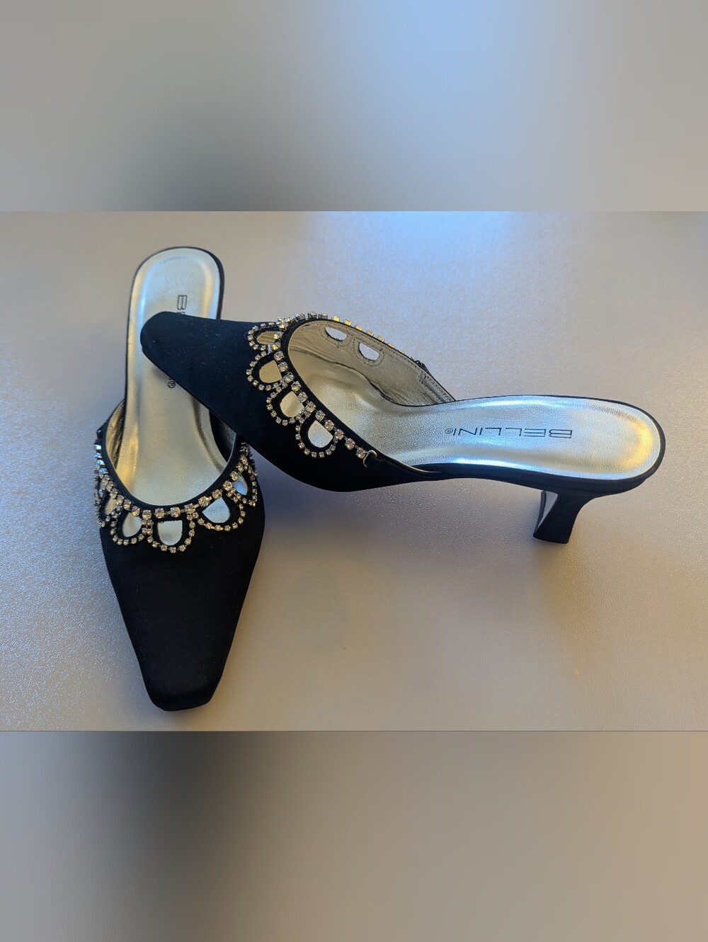 BELLINI ORCHESTRA Black Satin Crystal-Trim Kitten Heel Slip-on Mules Size 6 1/2M